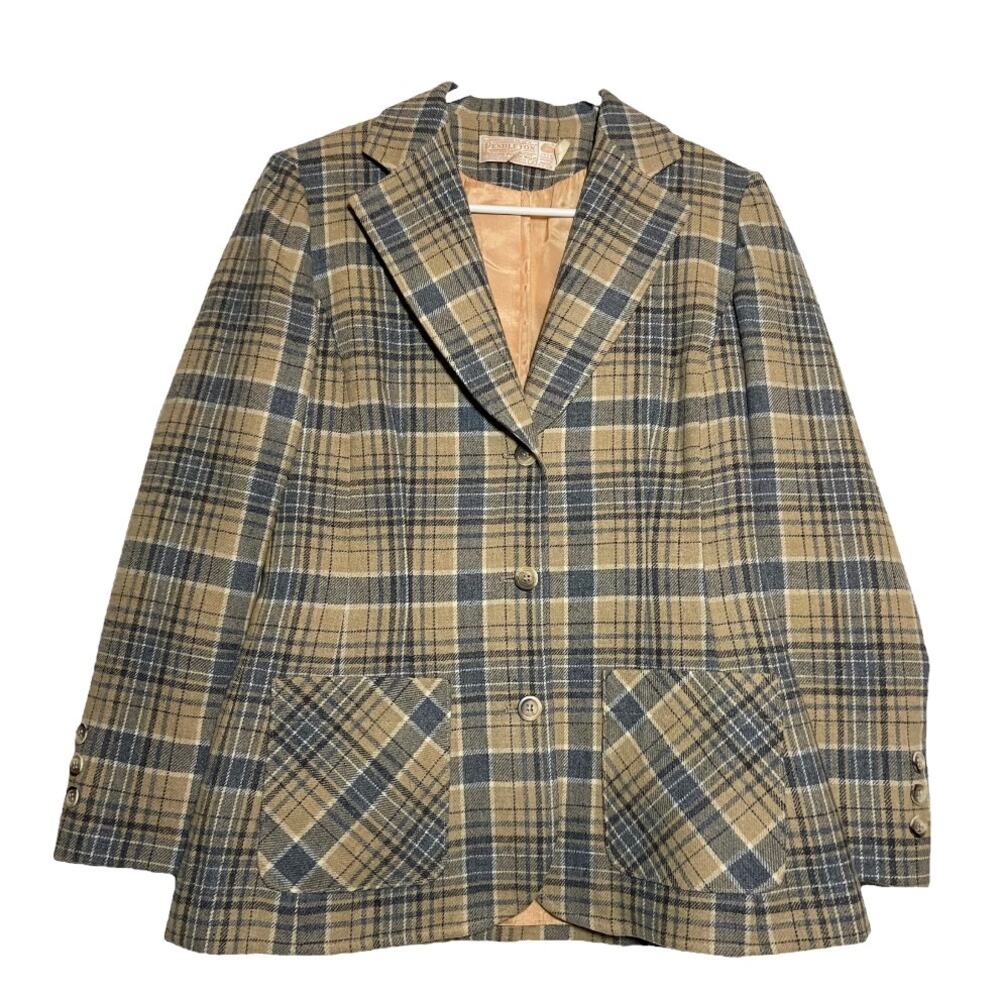 Vintage Pendleton Blazer Pure Wool 70s 3-Button Front Notch Lapel Plaid Gray 8